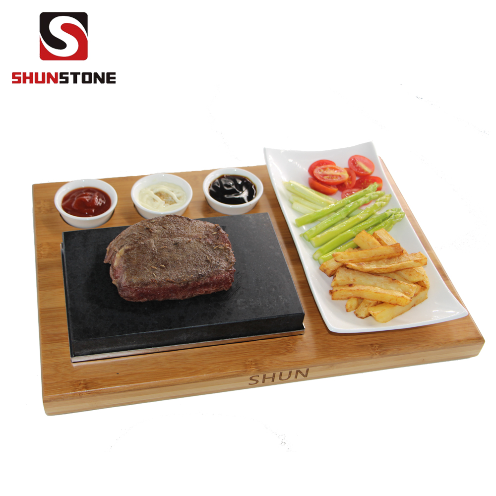 Xtra Large Bamboo Sharing Steak Stone Platter Black Lava Rock Sizzling Hot Plate