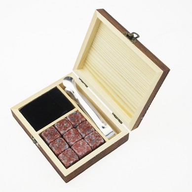 Best seller whiskey stone set with 6 pcs Whiskey Stones In Color Wood Box Gift Set With a Tong ang a Velvet Bag