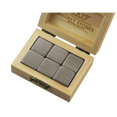 Bëlleg Whisky Stones Kadosiddien Set mat 6 Meint vun Zäit Wood GRAIN vun Natural Wooden Box Deng Gedrénks ze Chill