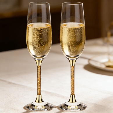 Premium Crystal Gold Foil Goblet Champagne Glasses Wedding Gift Set in Red PU Leather Gift Box Shunstone Supplier