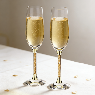 Premium Crystal Gold Foil Goblet Champagne Glasses Wedding Gift Set in Red PU Leather Gift Box Shunstone Supplier