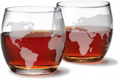 Etched Globe Whiskey Glasses 12 oz Set of 2