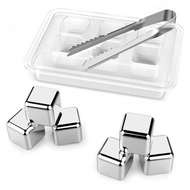 Stainless Steel Reusable Ice Cubes Chilling Stones with Tongs for Whiskey Wine set of 6