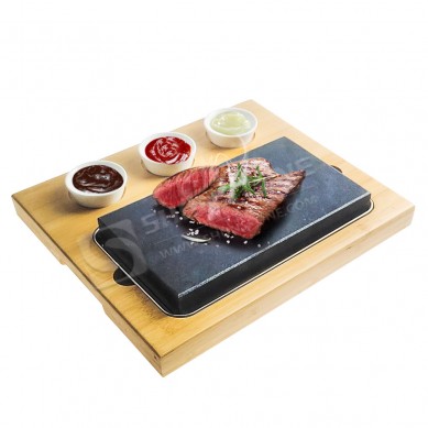 OEM steak stone set Hot Stone Grill Food Serving Platter Set Wood Tray for Cooking