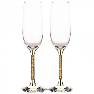 Premium Crystal Gold Foil Goblet Champagne Glasses Wedding Gift Set in Red PU Leather Gift Box Shunstone Supplier