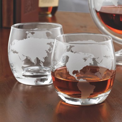 Etched Globe Whiskey Glasses 12 oz Set of 2