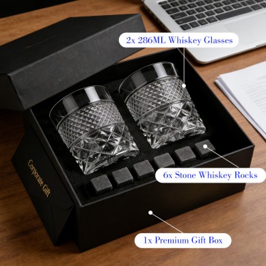 Shunstone Custom Engraved Whiskey Glass Gift Set with Chilling Whiskey Ice Cube in Paper Gift Box Corporate Gift Set