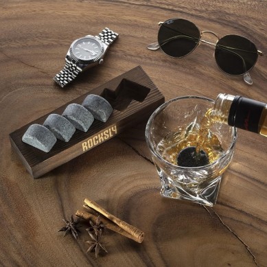 Shunstone Marble Whiskey Stones Gift Set of 6 Reusable Ice Cubes Chilling Rocks in a Wood Tray Business Gift for Men