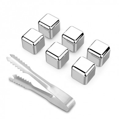 Stainless Steel Reusable Ice Cubes Chilling Stones with Tongs for Whiskey Wine set of 6