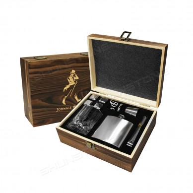 Custom Clear Whiskey Drinking Glass and Flask Gift Set with Stainless Steel Whiskey Stone Birthday Gift for Men