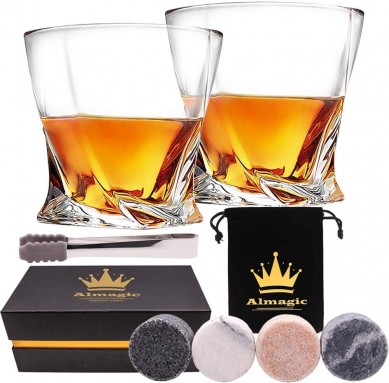 Amazon hot selling round shape Whiskey Stones Gift Set  Scotch Bourbon Glasses lead free crystal glass by gift box