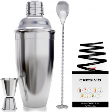 Martini Kit with Measuring Jigger and Mixing Spoon plus Drink Recipes Booklet Professional Stainless Steel Bar Tools