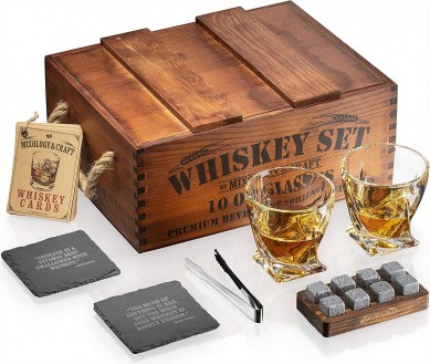 OEM twisted whiskey glass gift set by Rustic Wooden Crate box including whisky stone coaster