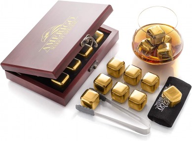 Best luxury wine gift for men  Gold Stainless Steel Whiskey Stones Gift Set in Beautiful Wooden Box Reusable Ice Cubes for Drinks Bar Accessories