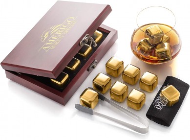 Cel mai bun cadou de vin de lux pentru bărbați Set cadou cu pietre de whisky din oțel inoxidabil auriu în cutie frumoasă de lemn Cuburi de gheață reutilizabile pentru băuturi Accesorii pentru bar