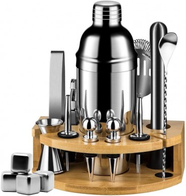 304 Stainless Steel Cocktail Shaker with Bamboo Stand Whisky Stones