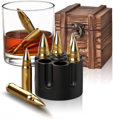 UNIQUE COOL DAD PRESENTS golden color bullet shape reused whiskey ice cube stone with plastic base by luxury wooden box