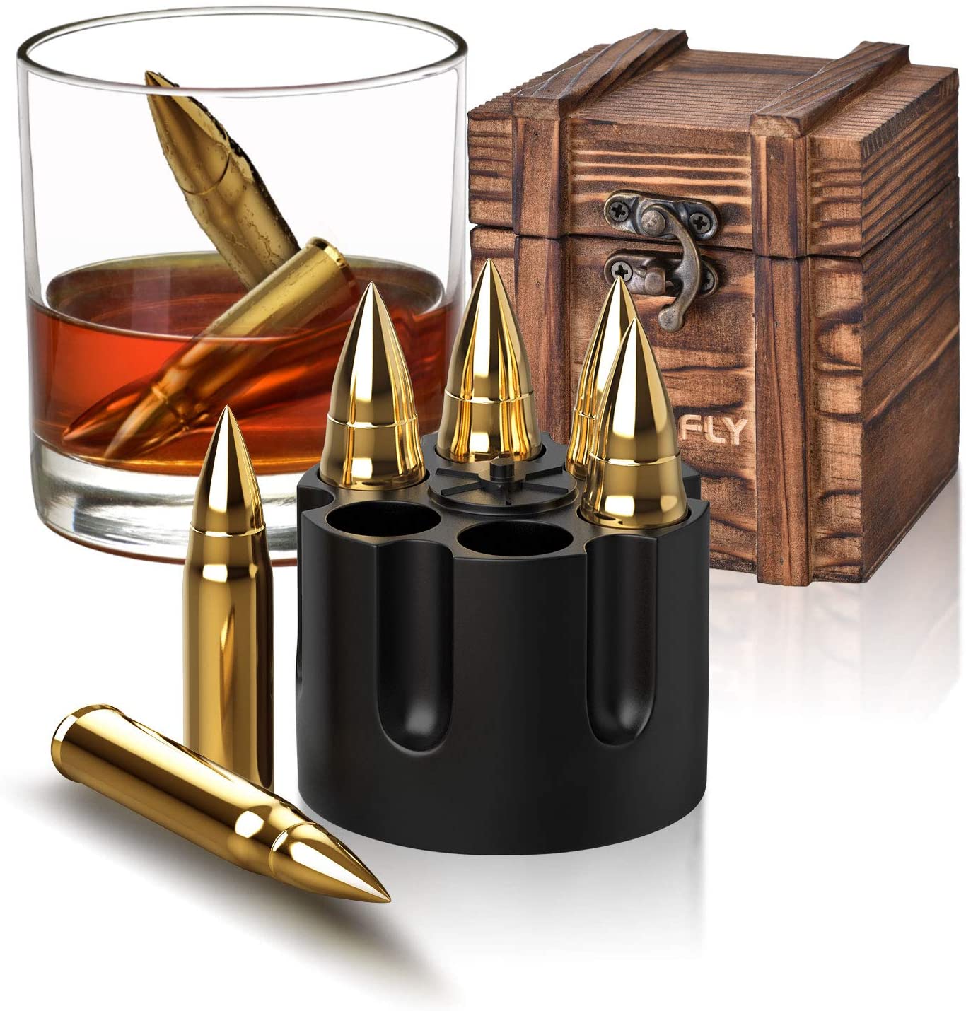 China Manufacturer for Marble Water Jet Medallion - UNIQUE COOL DAD PRESENTS golden color bullet shape reused whiskey ice cube stone with plastic base by luxury wooden box  – Shunstone