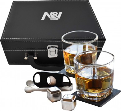 Regalo di u ghjornu di u Babbu Set di vetru è pietra di whisky 2 bicchieri di whisky quadrati grandi in acciaio inox Pietre di whisky in scatula di pelle