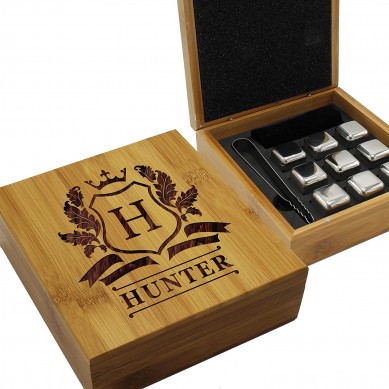 Coffret cadeau pierre à whisky en acier inoxydable personnalisé Pierres à boire gravées sur mesure par nature boîte cadeau en bambou