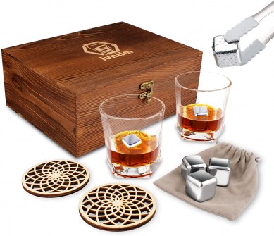 luxury wooden coaster Whiskey Stones Gift Set Bourbon Whiskey drinking Glass Set