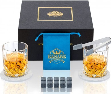 Whiskey Stone Gift Set For Men Bourbon Glass and Stones Set With Gifts Box Granite Chilling Rocks And 2 Crystal Scotch Tumblers Best Gifts For Fathers Day Dad Husband Party