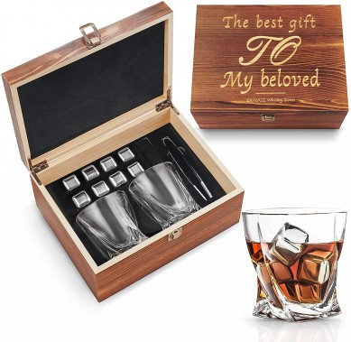 Whiskey Stones Gift Set for Men Stainless Steel Reusable Metal Ice Cubes Whiskey Glasses in Wooden Box