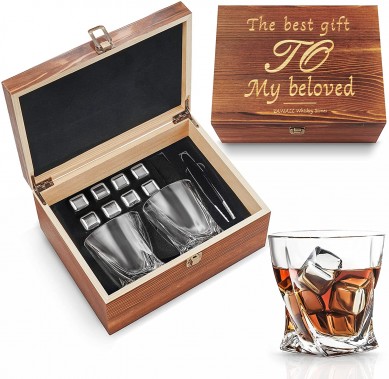 Whiskey Stones Gift Set for Men Stainless Steel Reusable Metal Ice Cubes Whiskey Glasses in Wooden Box