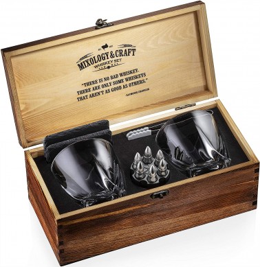 Whiskey Glass whisky Stone Set with Wooden Box Stainless Steel Whiskey Bullet Chillers