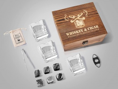 Whiskey Glasses 10 oz With Holder Grey Whiskey Stones Chilling Rocks in Wooden Gift Box