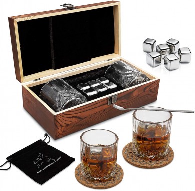पुरुषों के लिए 10 ऑउंस व्हिस्की ग्लास 6 पीसी स्टेनलेस व्हिस्की स्टोन्स लकड़ी के बक्से उपहार सेट