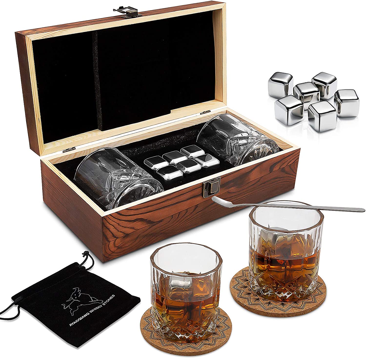Factory supplied Whiskey Ice Cube -  10 OZ Whiskey Glass 6 pcs stainless Whiskey Stones wooden box  Gift Set for Men – Shunstone