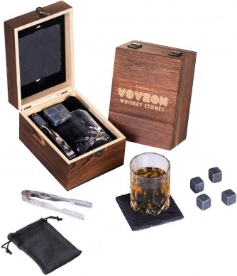 4 Chilling Whiskey Stones Crystal Whiskey Rock Glass Slate Coasters for Whiskey