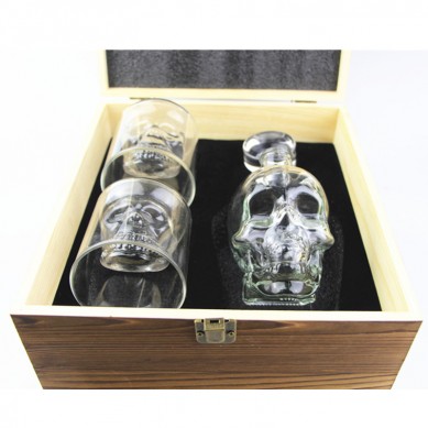 Promotion Gift skull shape whiskey decanter wine glasses by wooden gift box