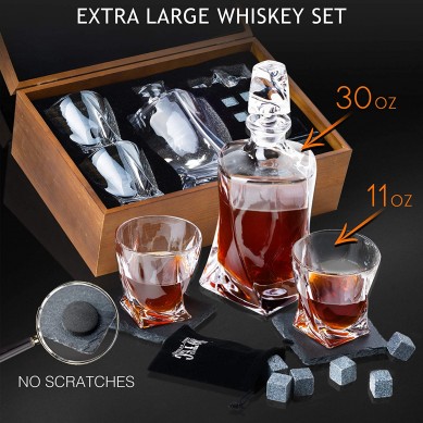 papai Whiskey Decanter Twisted Whiskey Glasses Special Tongs in a pine box