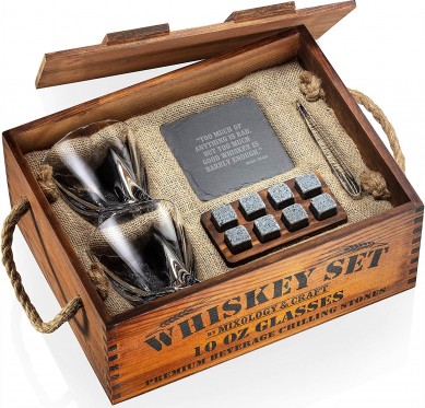 Hett säljande rustik trälåda gfit-låda för återanvänd isbitsten whiskysten presentset inklusive twist vinglas stenunderlägg