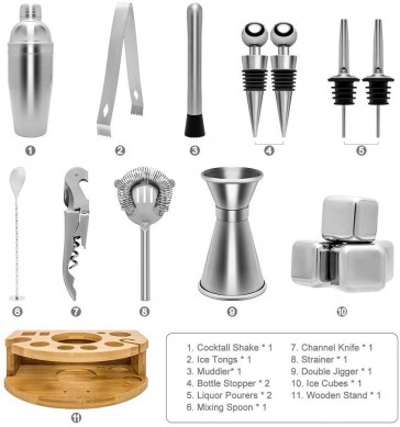 Cheap selling stainless steel Cocktail Shaker Set Bartender Kit with Bamboo Stand
