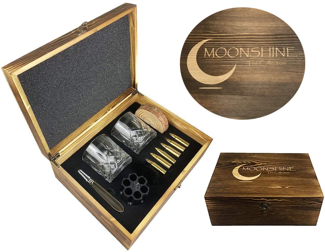 2017 High quality 6oz Cocktail Shaker - Premium Whiskey Stones Gift Set golden stainless bullet whiskey stone Whiskey Glasses Wooden tree Coasters TongsPremium Set in Pine Wooden Box – Shuns...