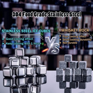 Whiskey Stones Gift Set for Men Stainless Steel Reusable Metal Ice Cubes Whiskey Glasses in Wooden Box