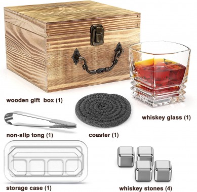 Set cadou din sticlă de whisky din sticlă Bourbon Cuburi de gheață din oțel inoxidabil pentru răcire Pahar de cristal cadou pentru bărbați