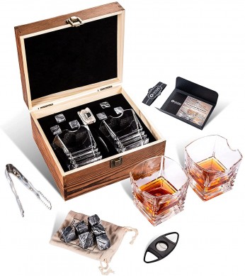Whiskey Glasses 10 oz With Holder Grey Whiskey Stones Chilling Rocks in Wooden Gift Box
