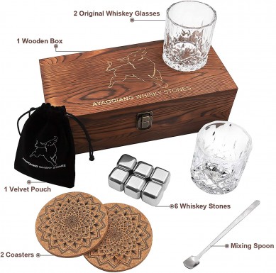 Thickness base Whiskey Glass Set stainless steel whiskey stone chilling cube gift in wooden box