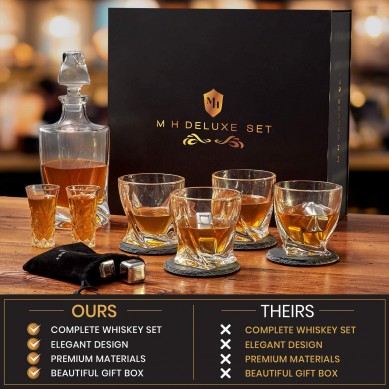 No Lead Crystal Whiskey Decanter with classic Whiskey Glasses whiskey stone set  in Unique Stylish Gift Box