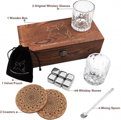 10 OZ Whiskey Glass 6 pcs stainless Whiskey Stones wooden box  Gift Set for Men