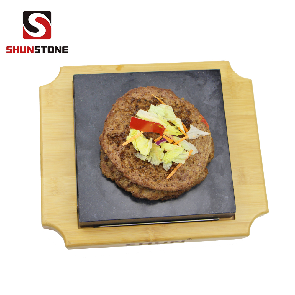 factory low price Pine Wood Box - 3 Pcs Set Square Black Rock Grill Steak Stone Plate Set in Bamboo Tray  – Shunstone