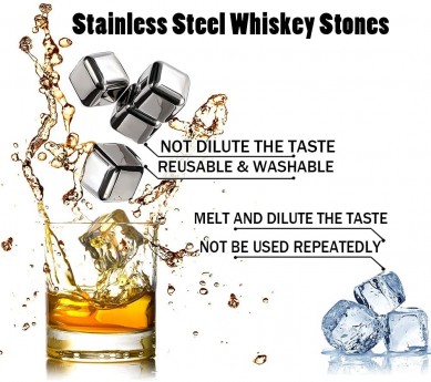 Whiskey Stones Gift Set for Men Stainless Steel Reusable Metal Ice Cubes Whiskey Glasses in Wooden Box