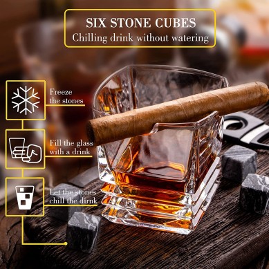 Whiskey Glasses 10 oz With Holder Grey Whiskey Stones Chilling Rocks in Wooden Gift Box