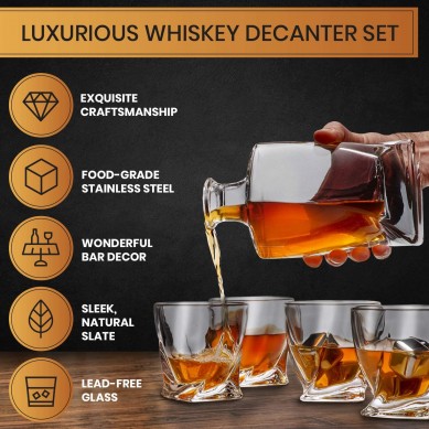 No Lead Crystal Whiskey Decanter with classic Whiskey Glasses whiskey stone set  in Unique Stylish Gift Box