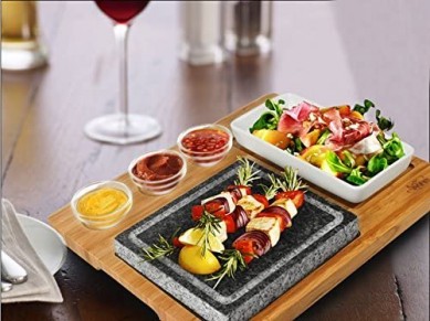 Steak cooking stone homeware gift set Black Lava Rock Sizzling Hot Plate With Bowls Gift Boxed