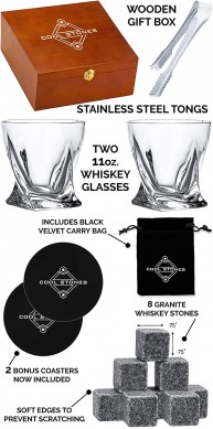Amazon Choice twistle whiskey glass and whisky bullet stainless ice cube stone  and cup mat by pine wooden box gift  set